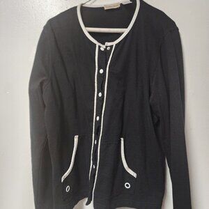 Collection XL 100 cotton snap front cardigan black with white piping Work